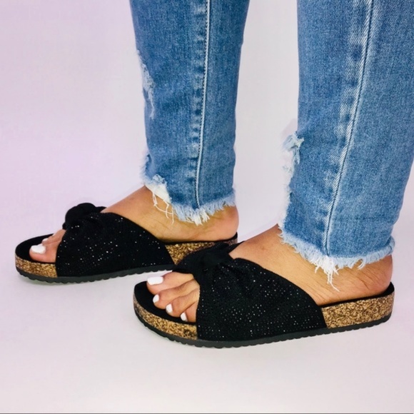 Embellished Bow Cork Slides in Black - Picture 6 of 6
